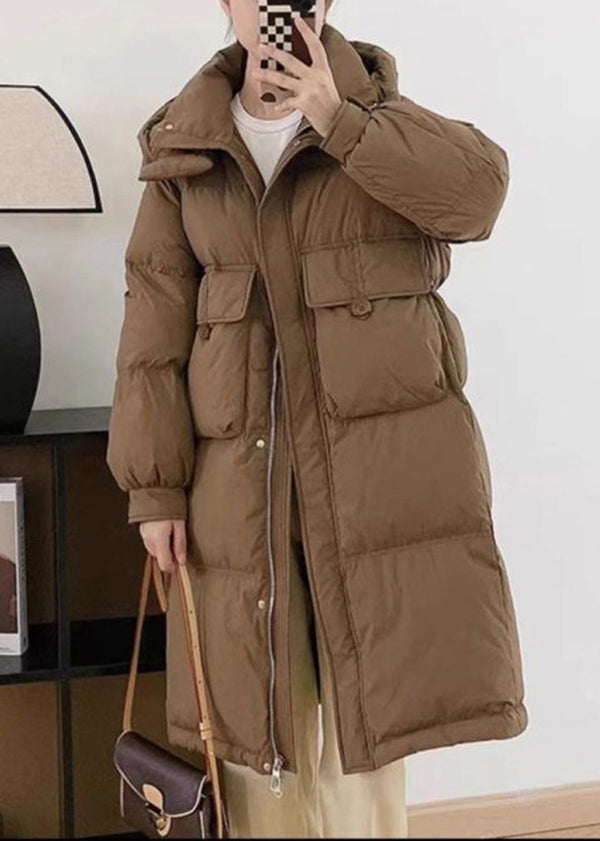 Stylish Pink Pockets Drawstring Duck Down Puffer Hooded Parkaer Winter