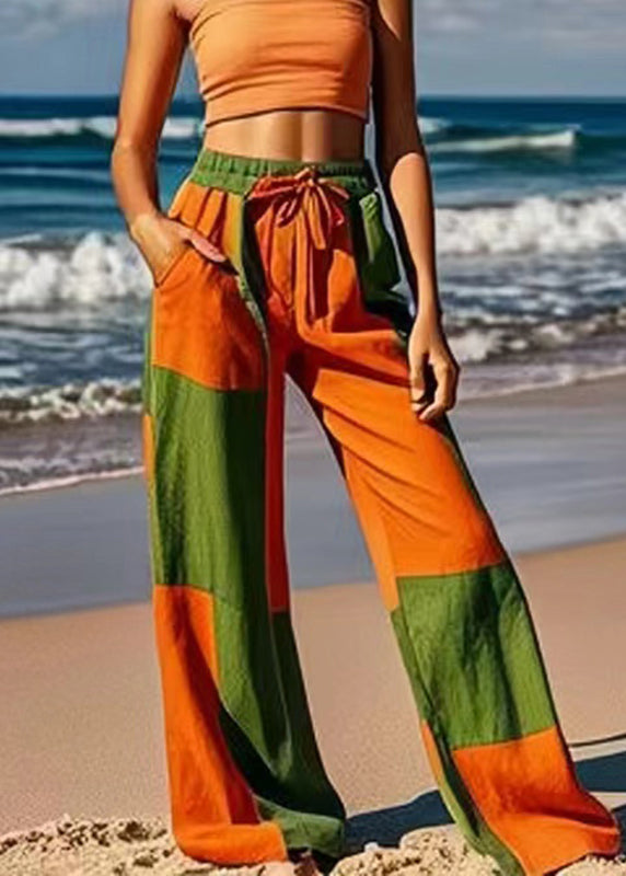 Colorblock Tie Waist Wide Leg Pants Summer