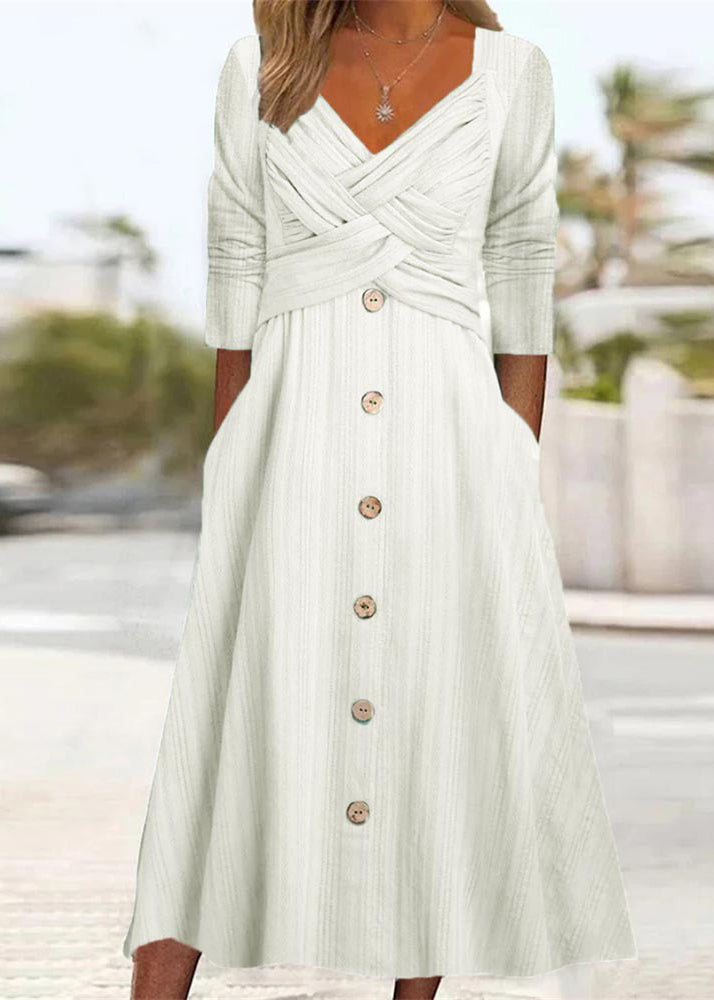 Green Button Pockets Wrinkled Cotton Dress Summer
