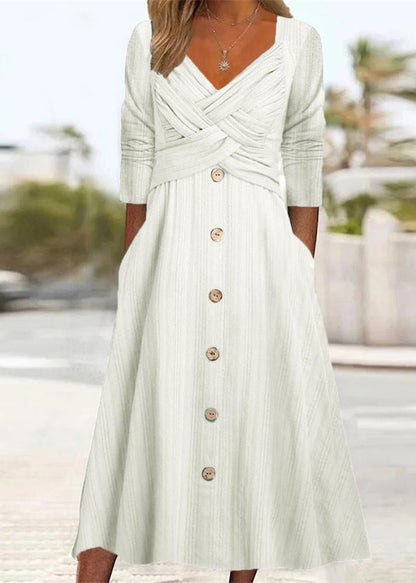 Green Button Pockets Wrinkled Cotton Dress Summer
