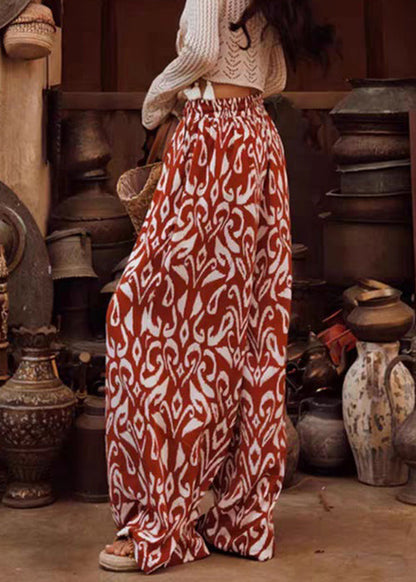 Red Print Elastic Waist Silk Pants Summer