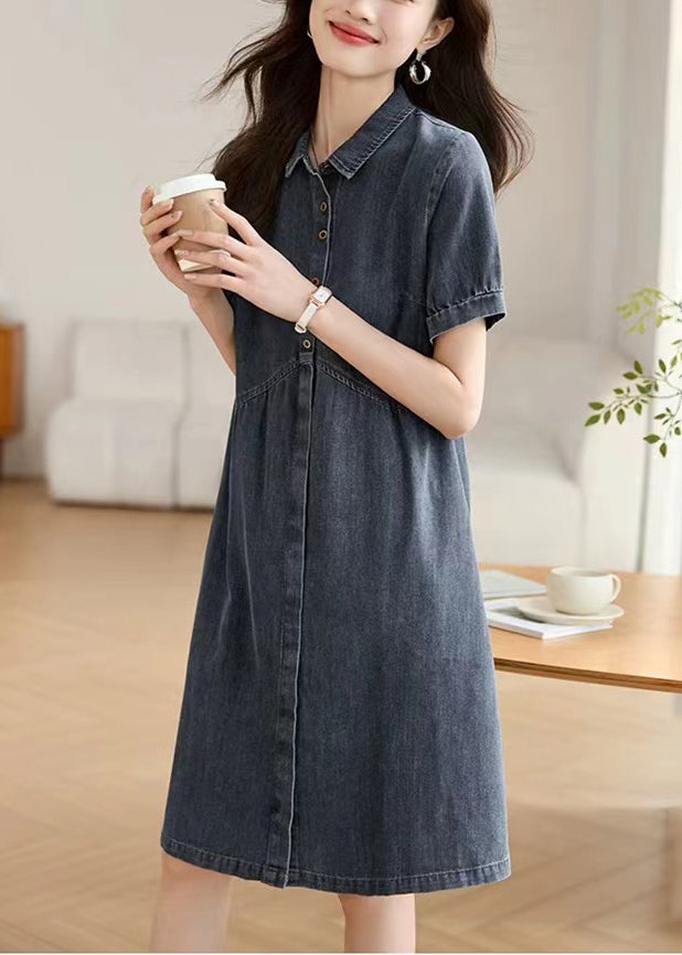 Navy Peter Pan Collar Denim Work Dress Summer