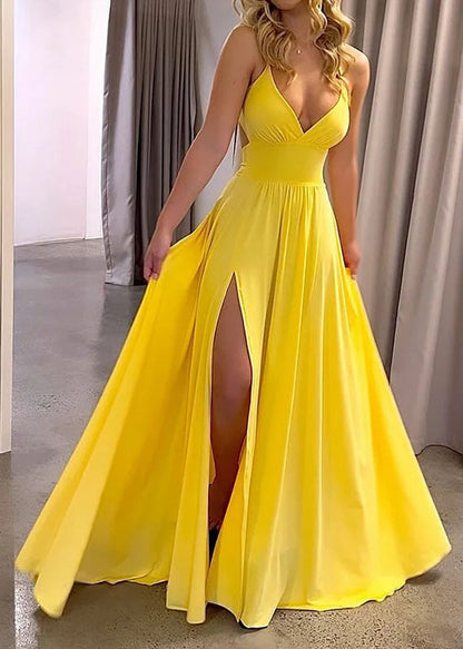 Style Yellow Backless Side Open Cotton Spaghetti Strap Dress Summer
