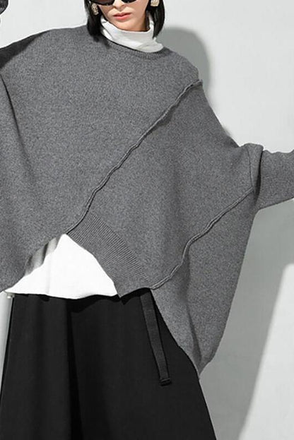 O-neck Knitted Irregular Hem Pure Color Sweater