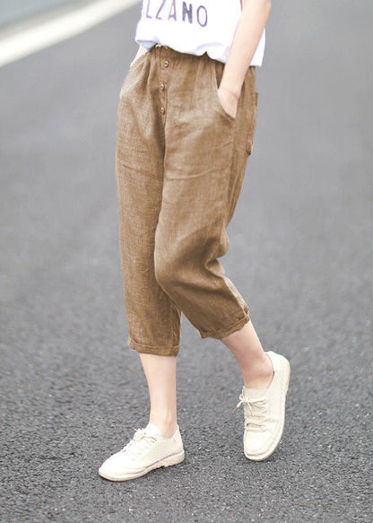 Denim Blue Pockets Patchwork Linen Crop Pants Summer