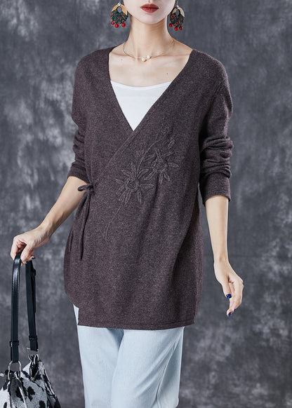 Chocolate Wool Knit Cardigan Embroideried Tie Waist Winter