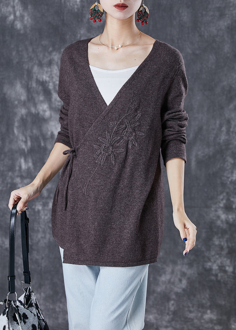Chocolate Wool Knit Cardigan Embroideried Tie Waist Winter