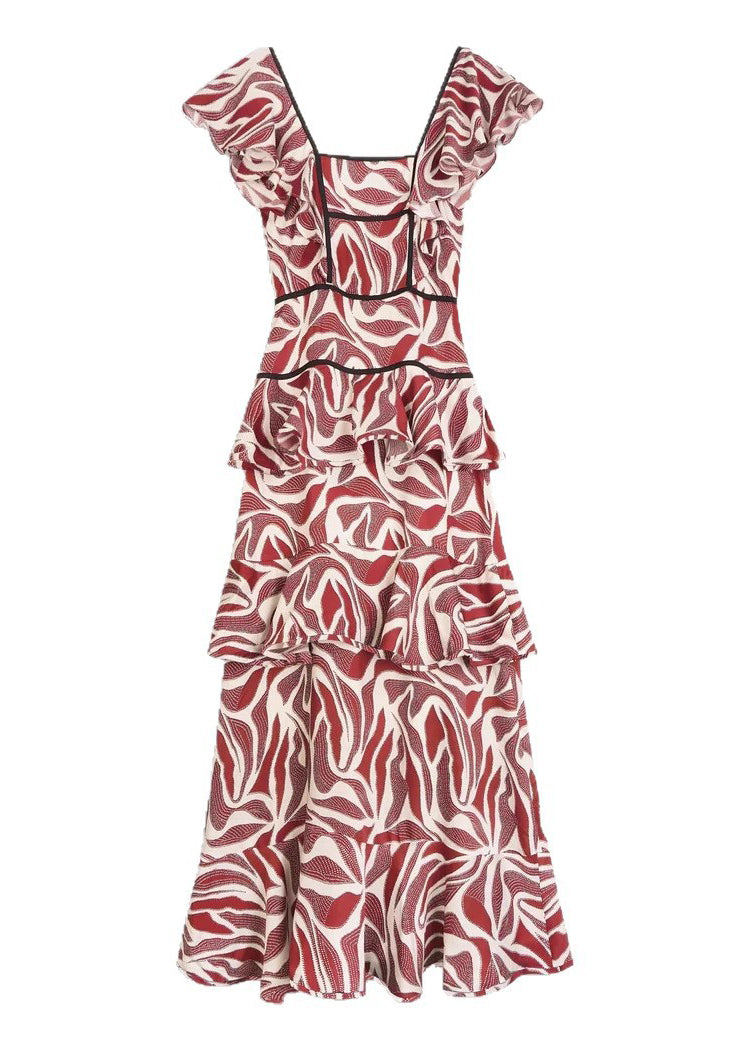 Stylish Red Square Collar Ruffled Patchwork Chiffon Dress Summer
