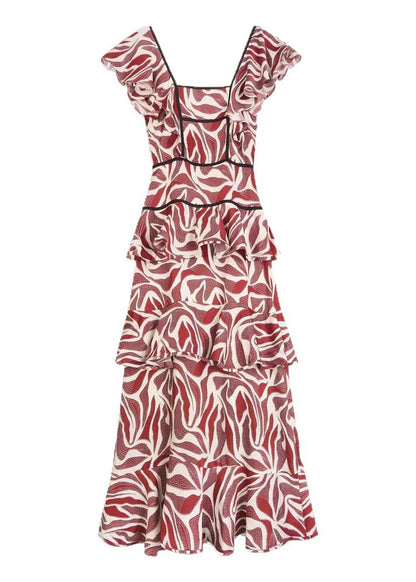 Stylish Red Square Collar Ruffled Patchwork Chiffon Dress Summer