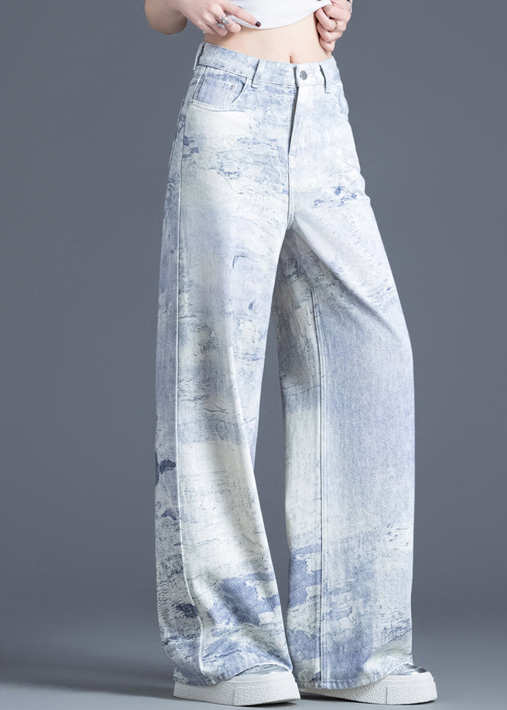 Blue Pockets Tie Dye High Waist Denim Pants Spring