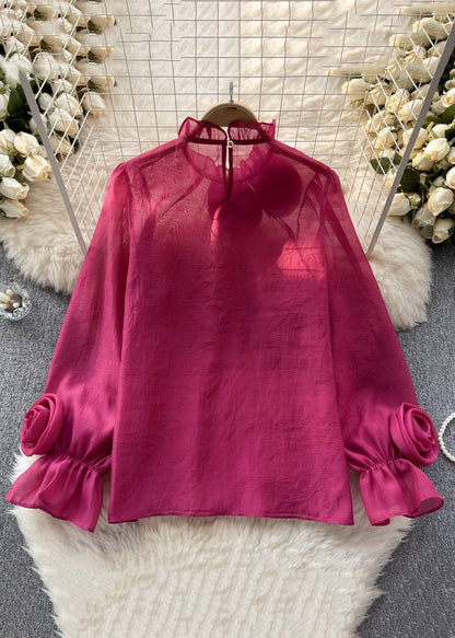 Rose Ruffled Chiffon Tops Long Sleeve