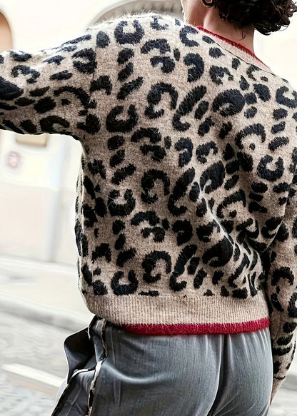 Style Leopard O Neck Button Knit Loose Coat Fall