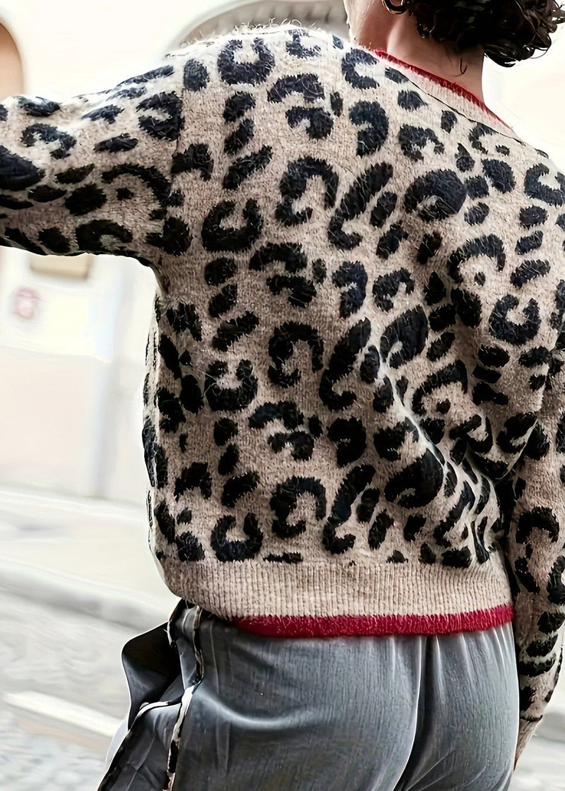 Style Leopard O Neck Button Knit Loose Coat Fall