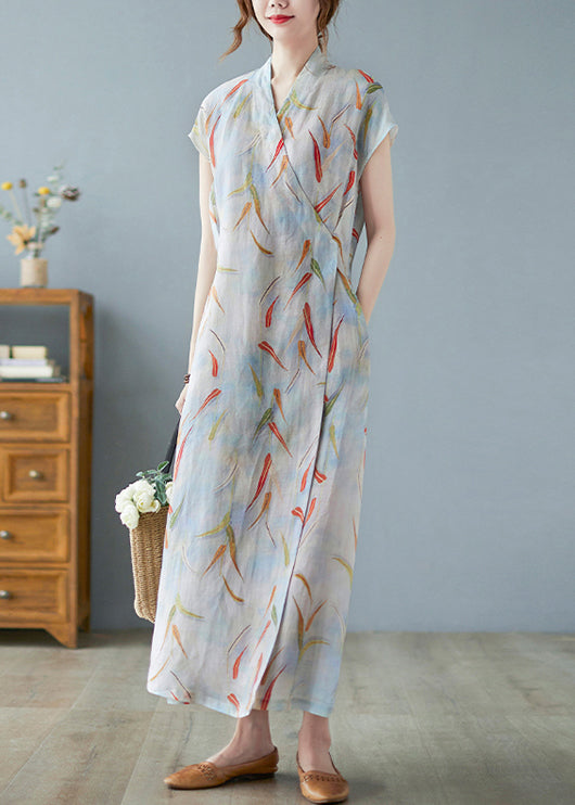 Print Tie Waist Linen Long Dress Summer