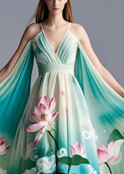 Original Design Green Cold Shoulder Lotus Print Chiffon Dress Summer