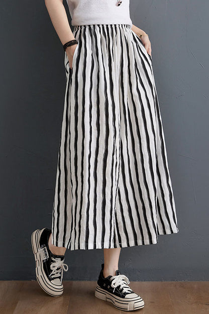 Summer Vertical Stripes Tencel Cotton Wide-leg Cropped Trousers