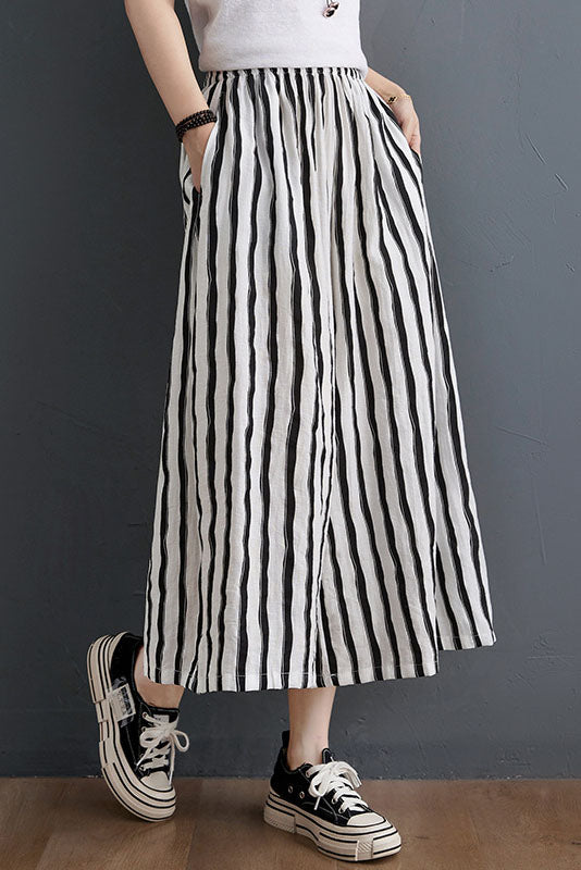 Summer Vertical Stripes Tencel Cotton Wide-leg Cropped Trousers