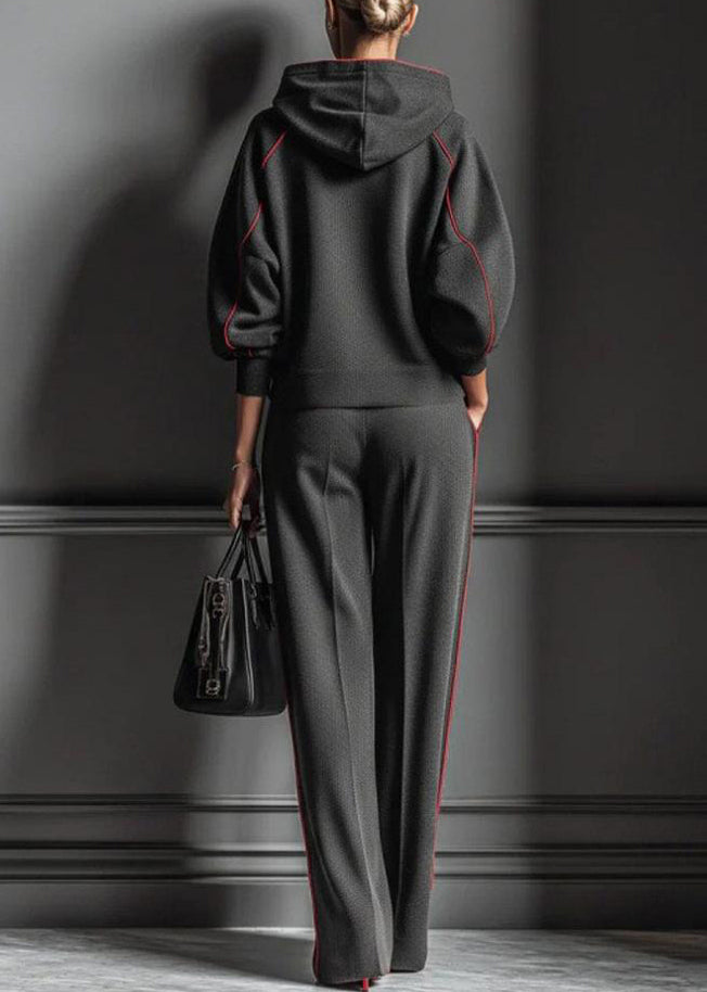 Dark Gray Hooded Striped Sweatshirts and Pants Cotton Two Pieces Set Spring