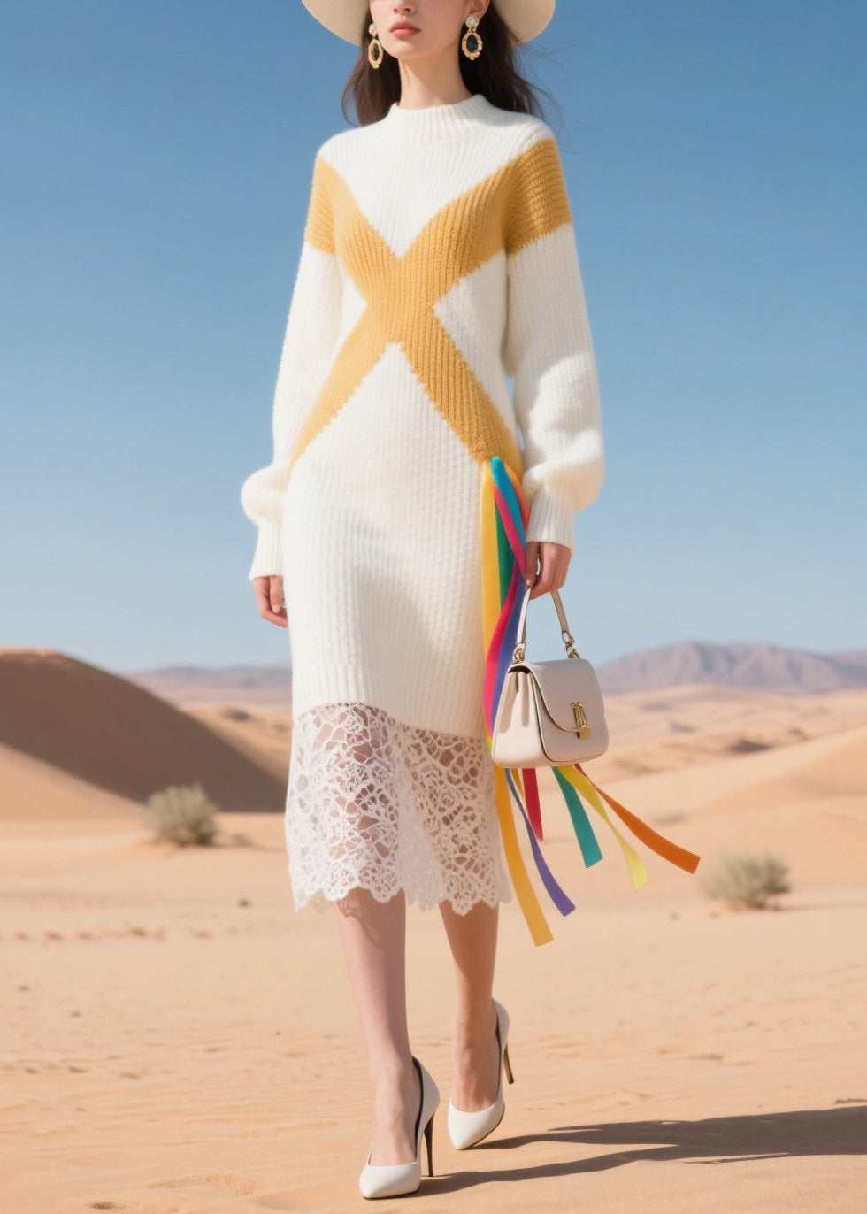 White Lace Patchwork Warm Knitwear Dress Winter