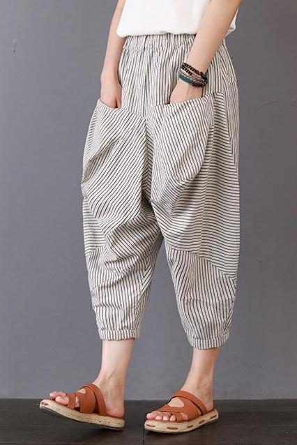 Loose Striped Cotton Linen Pants Trousers