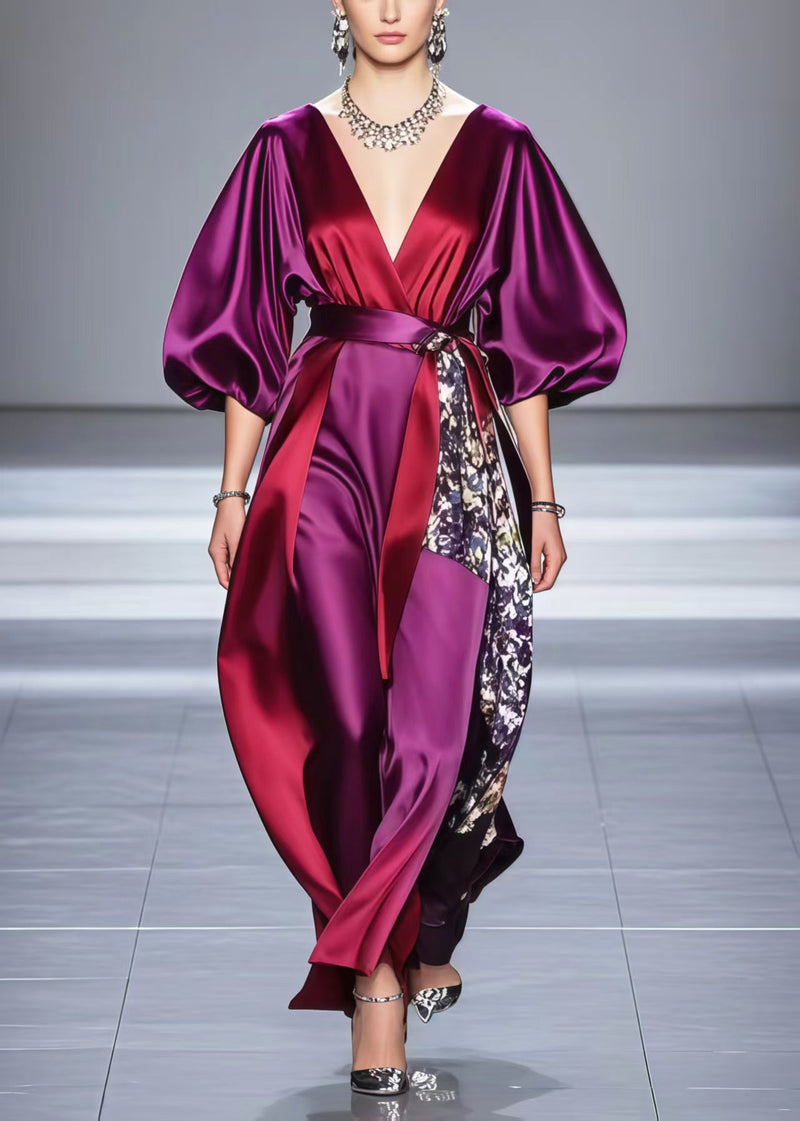 Purple Asymmetrical Patchwork Silk Dresses Lantern Sleeve
