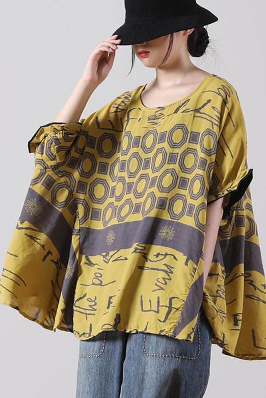Stitching Print Split O Neck Loose T-shirt