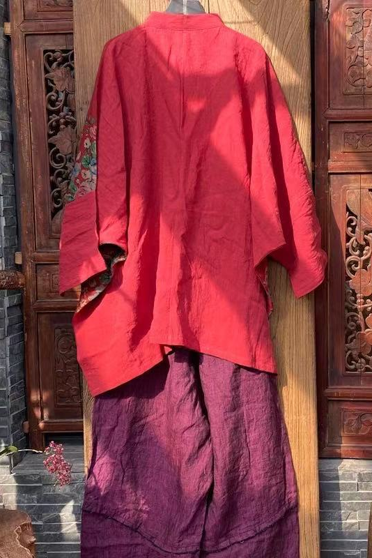-retro Cotton Linen Big Red Flower Slanting Shirt