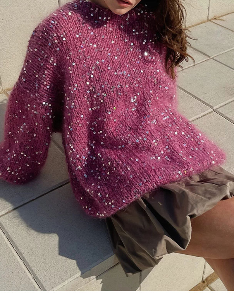 Color Sequins O Neck Sweaters