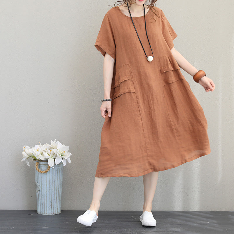 Orange Khaki Linen Shift Dresses Oversized Linen Cotton Dress O Neck Patchwork Cotton Dresses