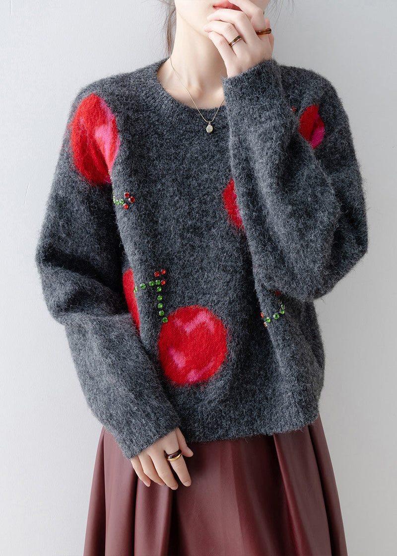 Grey O Neck Zircon Knit Sweaters Spring
