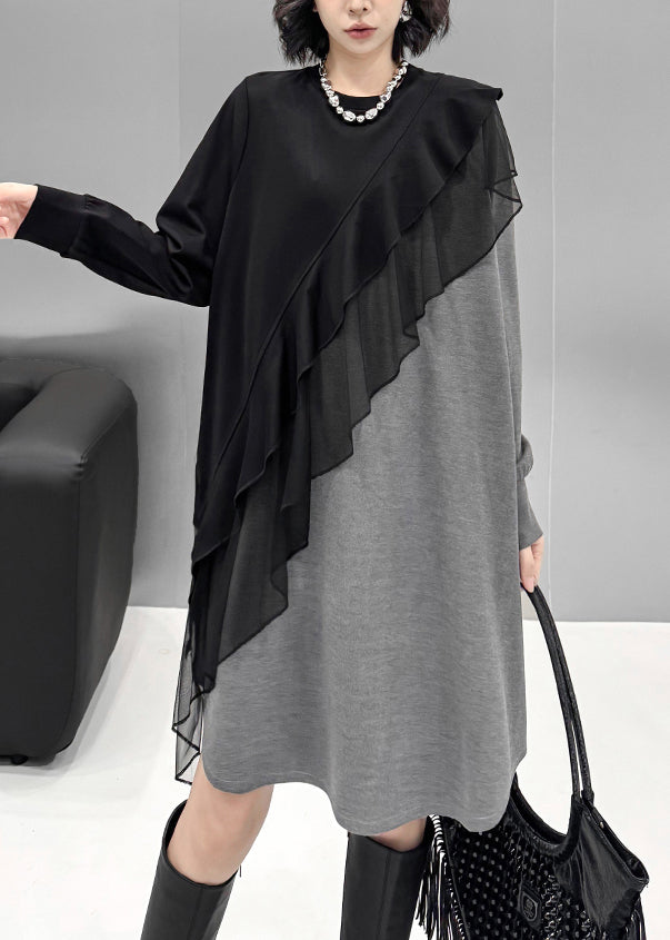 Grey O-neck Tulle Patchwork Cotton Knit Long Sweater Dress Lantern Sleeve