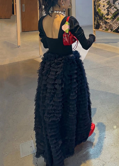 Black High Waist Tulle Maxi Skirts Ruffled