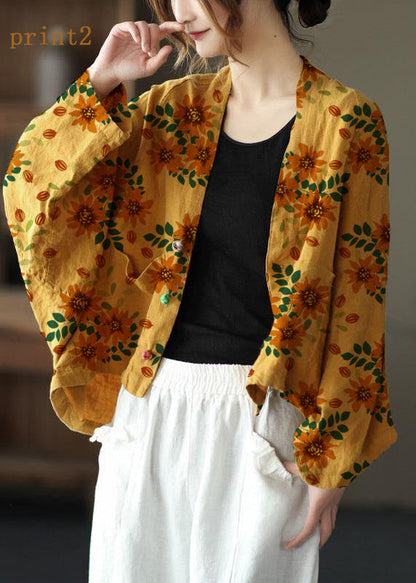 Fine Yellow-red Flower Bat Wing Sleeve Pockets Coat Short