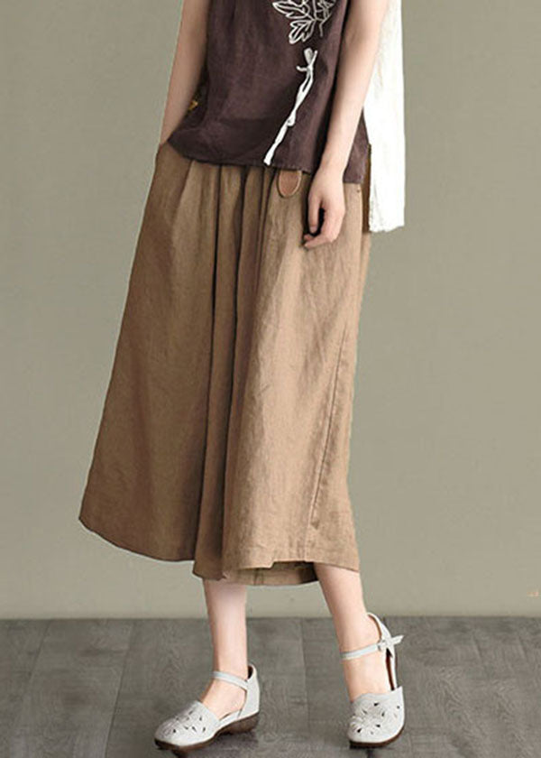 Khaki Elastic Waist Oversized Pockets Linen Wide Leg Crop Pants Summer