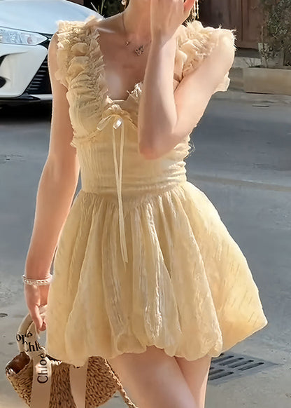 Apricot V Neck Ruffled High Waist Tulle Mini Dress Sleeveless