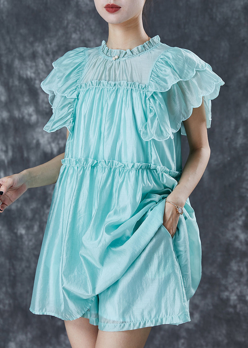 Green Ruffled Silk Beach Dress Butterfly Sleeve