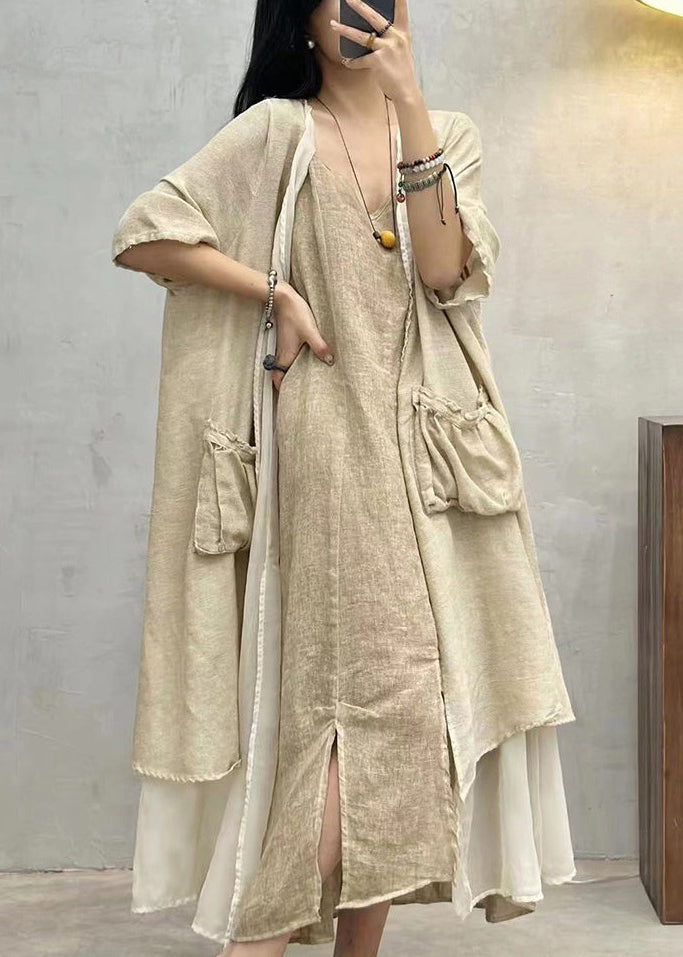 Apricot Loose Cotton Long Cardigan Pockets Half Sleeve