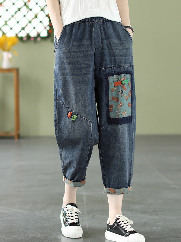 Artistic Retro Applique Denim Pants