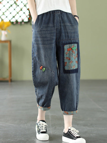 Artistic Retro Applique Denim Pants