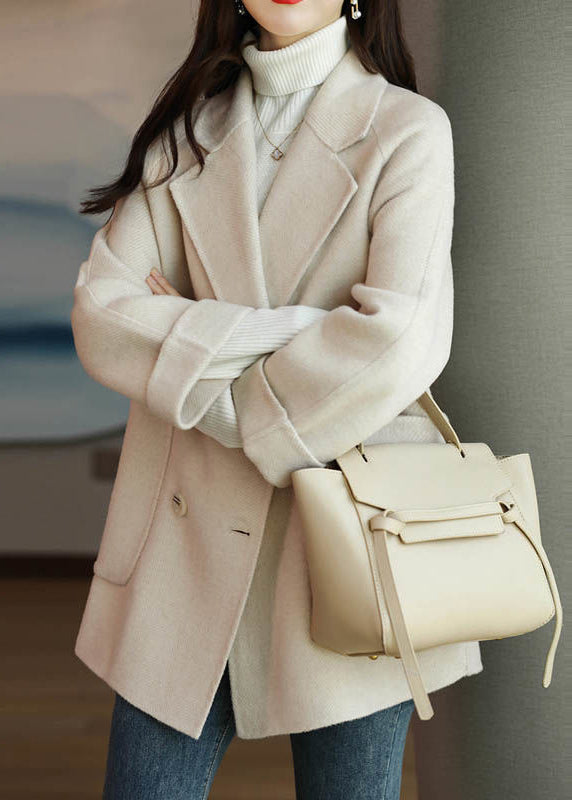 Pink Peter Pan Collar Double Breast Pockets Woolen Coat Winter