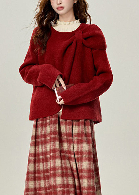 Red O Neck Versatile Knit Sweaters Spring