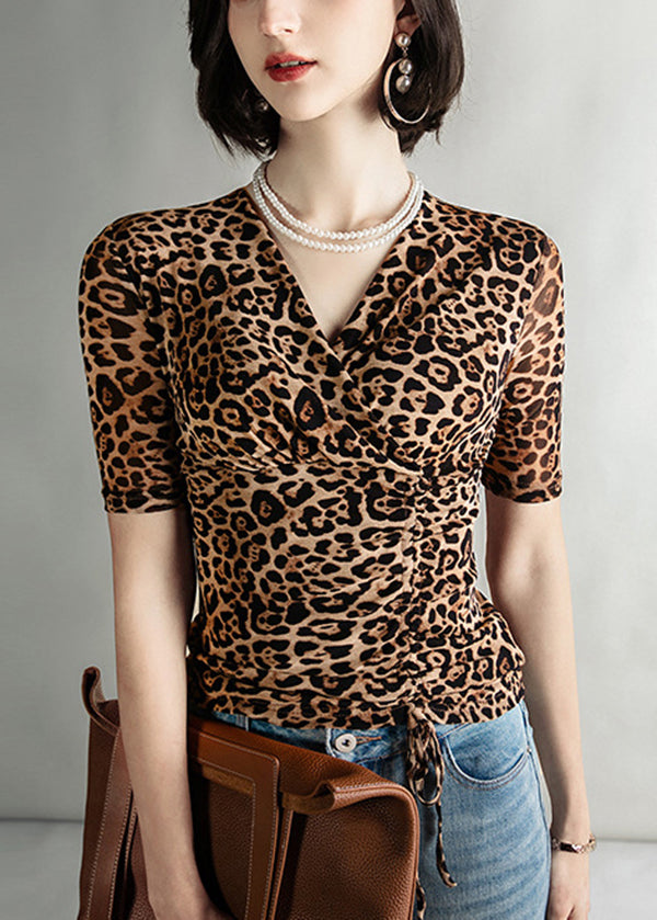 Leopard V Neck Cinched Tulle Tops Summer