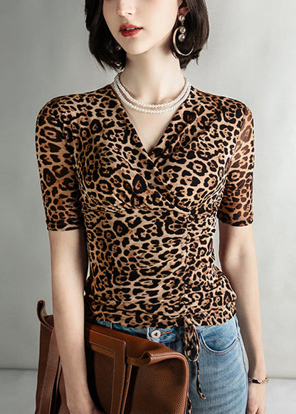 Leopard V Neck Cinched Tulle Tops Summer