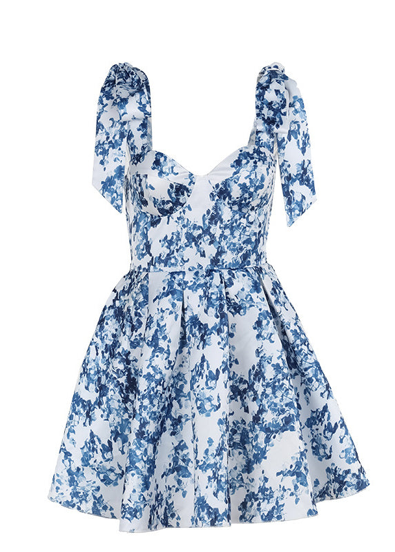 New Blue Print Wrinkled Lace Up Dress Summer