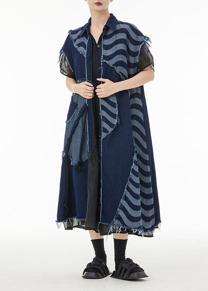 Blue Asymmetrical Patchwork Cotton Denim Long Cardigans Sleeveless