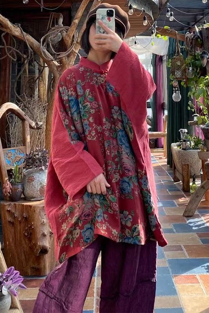 -retro Cotton Linen Big Red Flower Slanting Shirt