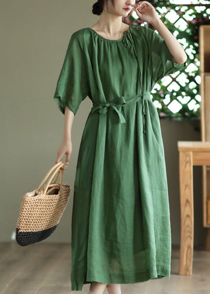Green Tie Waist Long Dress Half Sleeve