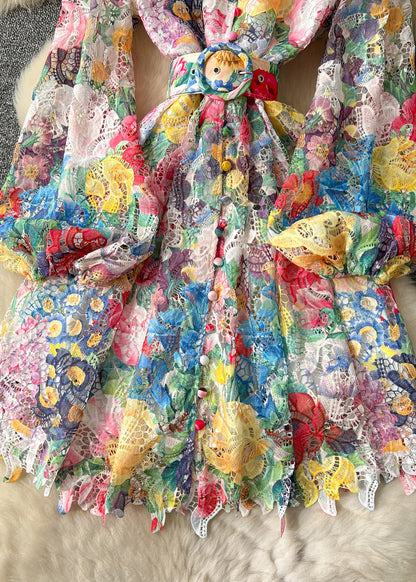 Cinched Print Lace Mid Dress Lantern Sleeve