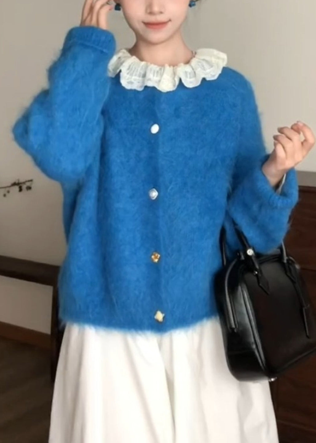 Style Blue O-neck Patchwork Button Ma Hai Mao Cotton Knit Cardigans Fall