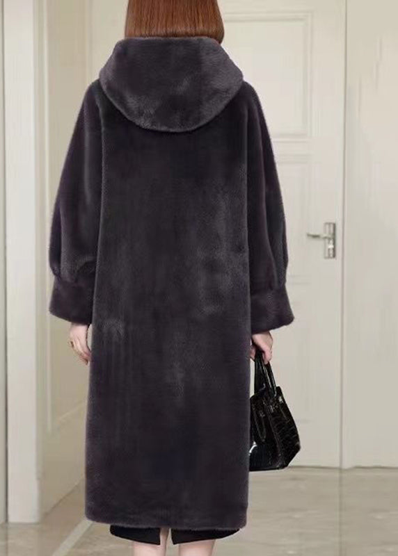 Black Patchwork Mink Velvet Hooded Maxi Trench Coat Winter